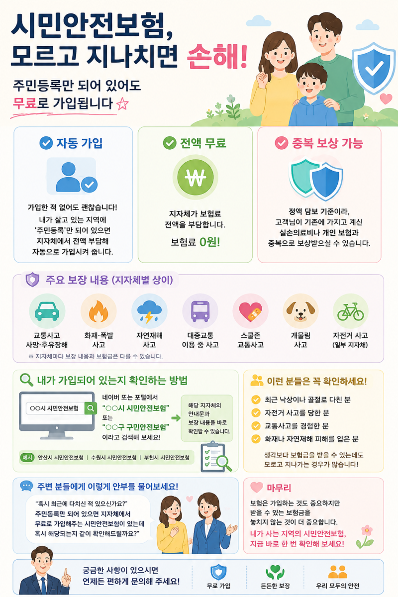 시민안전보험, 모르고 지나치면 손해! 주민등록만 되어 있어도 무료로 가입됩니다