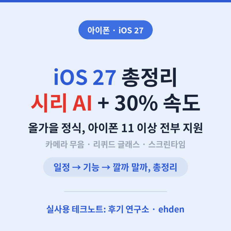 [아이폰] iOS 27 업데이트 총정리 — 시리 AI부터 카메라 무음까지, 올가을 뭐가 바뀌나 (2026년 7....