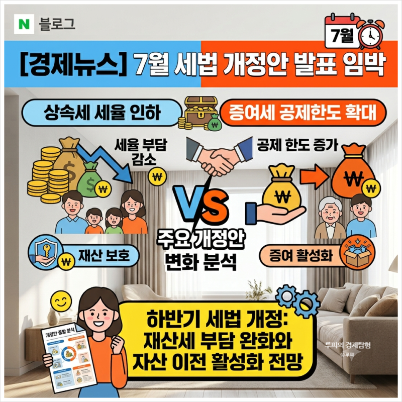 [경제뉴스] 7월 세법 개정안 발표 임박 하반기 상속세 세율 인하 및 증여세 공제한도 개정 전....