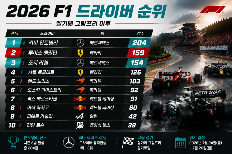 2026 F1 드라이버 순위와 선수별 점수, 벨기에 GP 종료 후 최신 순위