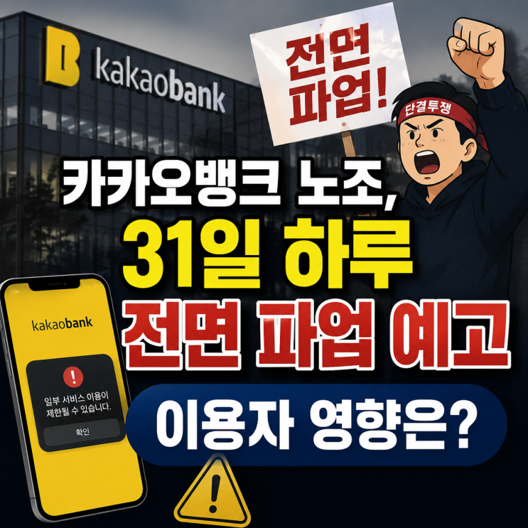 <b>카카오뱅크</b> 노조, 31일 하루 전면 <b>파업</b> 예고 이용자 영향은?
