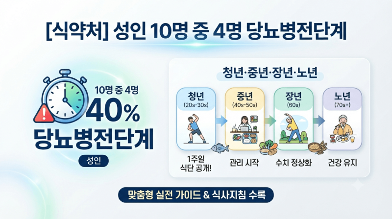 [식약처] 성인 10명 중 4명 당뇨병전단계 충격, 청년·중년·장년·노년 1주일 식단 예시...