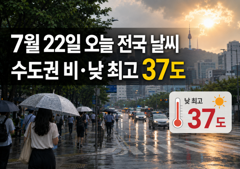 7월 22일 오늘 전국 날씨｜수도권 최대 60㎜ 비·낮 최고 37도, 우산과 폭염 대비