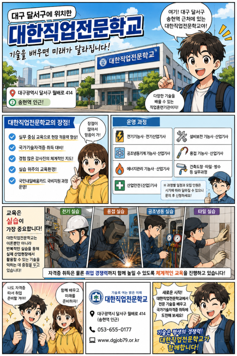 대구 달서구 대한직업전문학교, 기술을 배우면 미래가 달라집니다!