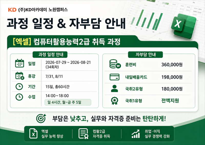 노원컴퓨터학원 컴퓨터활용능력 2급 교육일정!
