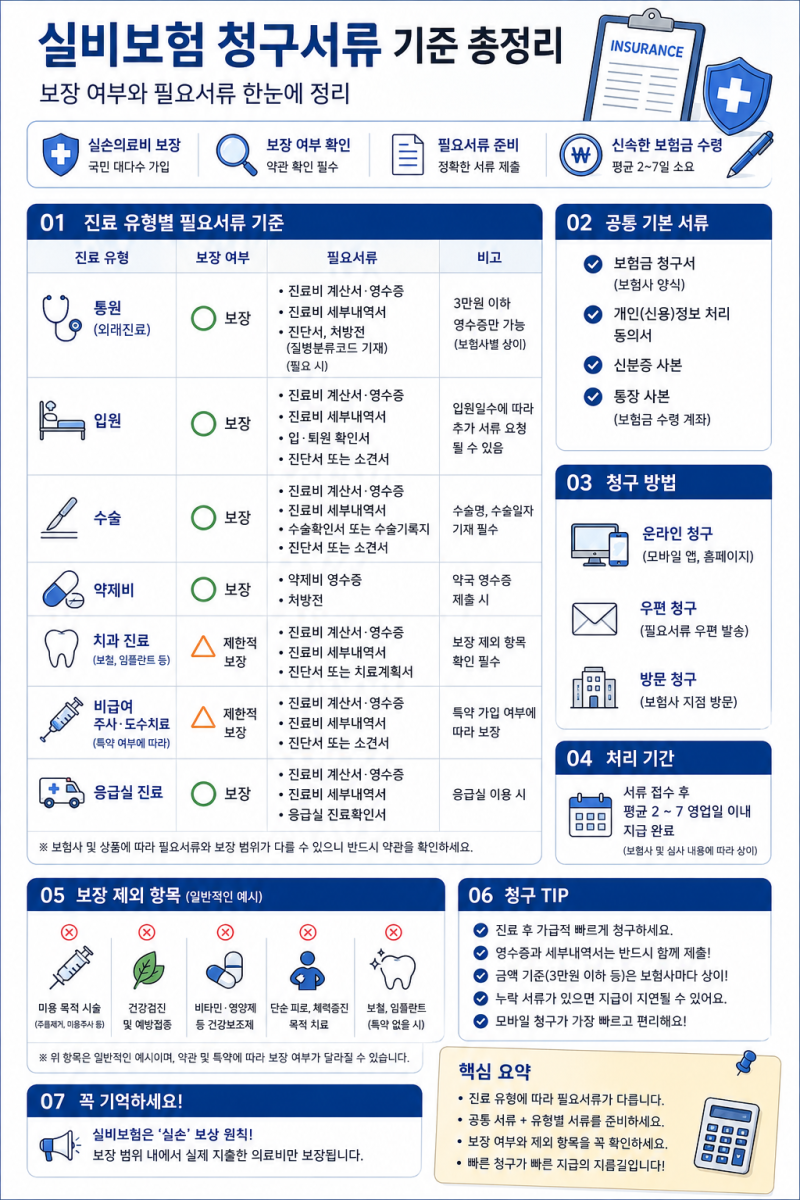 실비보험 청구서류 기준 총정리｜보장 여부와 필요서류 한눈에 정리