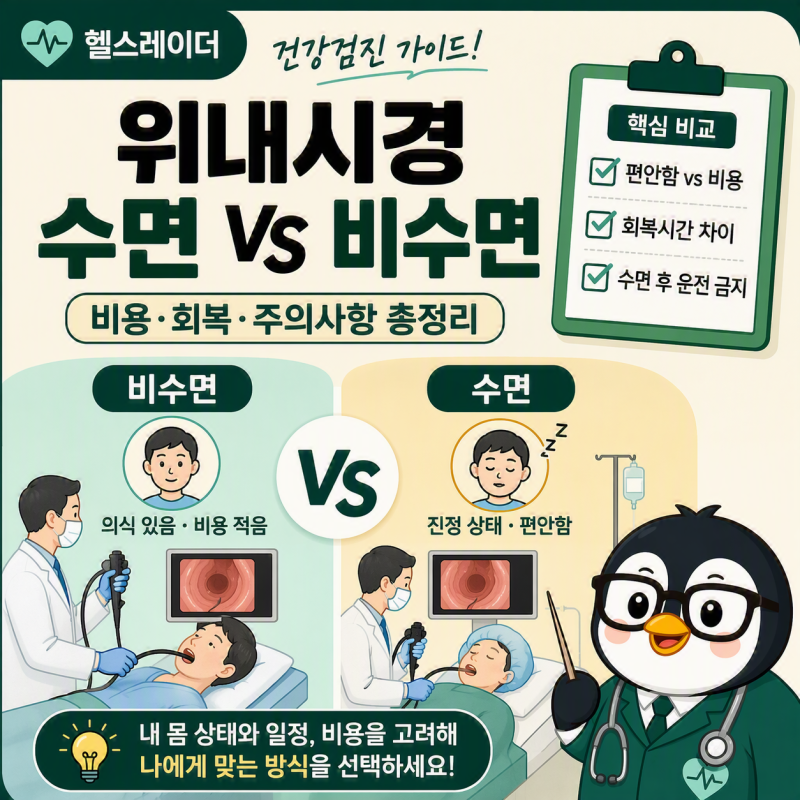 위내시경 수면 vs 비수면 차이 총정리 (비용·회복 시간·주의사항·선택 기준)