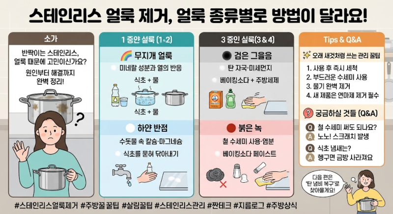스테인리스 얼룩 제거, 얼룩 종류별로 방법이 달라요! 냄비·싱크대 물때 및 광택 살리는 꿀....