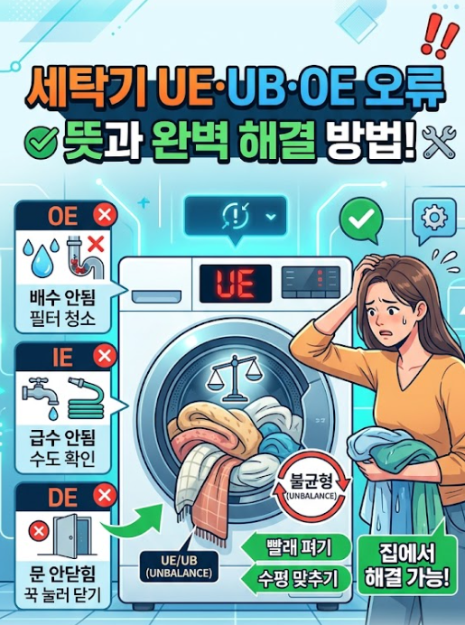 세탁기 UE UB OE 오류 뜻과 해결, 탈수 안될 때 총정리