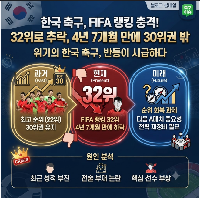 한국 축구 FIFA 랭킹 32위 4년7개월 만에 하락