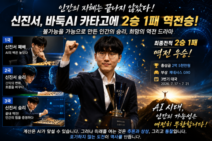 아직 끝나지 않았다! <b>신진서</b>, 최강 AI <b>카타고</b>에 2승 1패 <b>역전승</b>