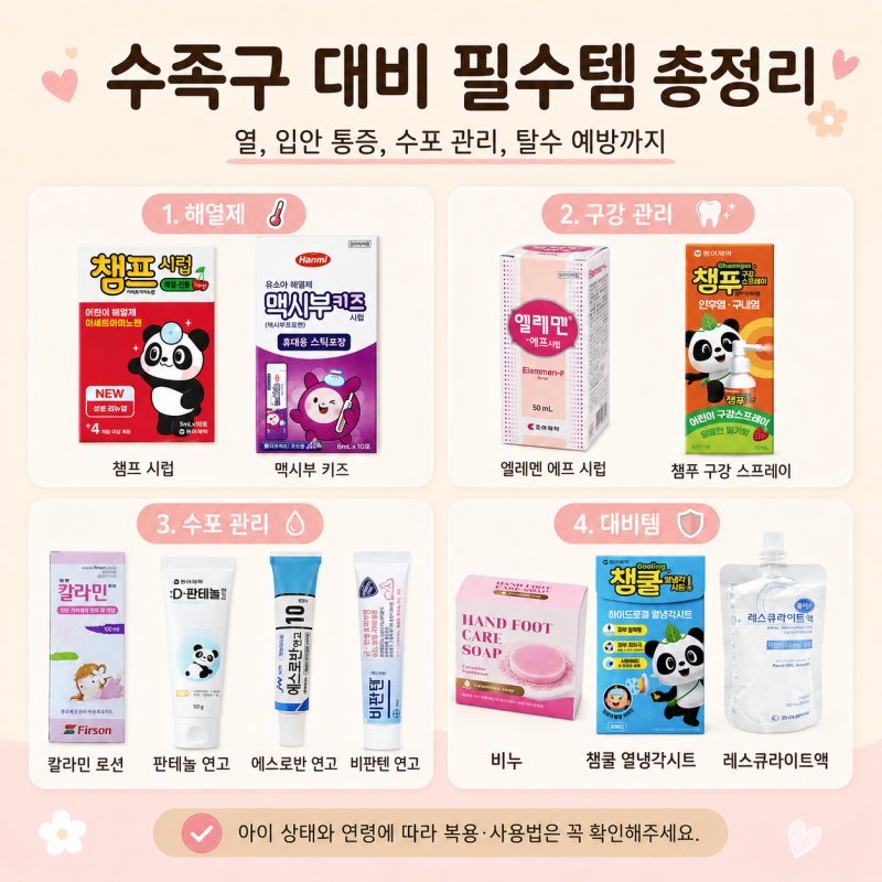 수족구 증상부터 필수 대비템 총정리! 해열제, 구강스프레이, 연고, 로션 준비물