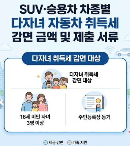 SUV·승용차 차종별 다자녀 자동차 취득세 감면 금액 및 제출 서류