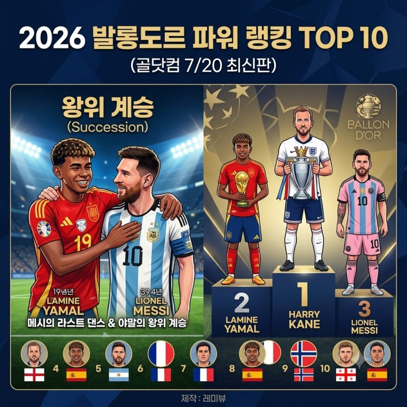 2026 발롱도르 순위 파워랭킹 TOP 10 (골닷컴 7/20 최신판) & 메시의 라스트 댄스와 라민 야말의 ....