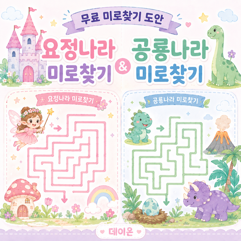 무료 미로찾기 도안｜요정나라 미로찾기 & 공룡나라 미로찾기 프린트