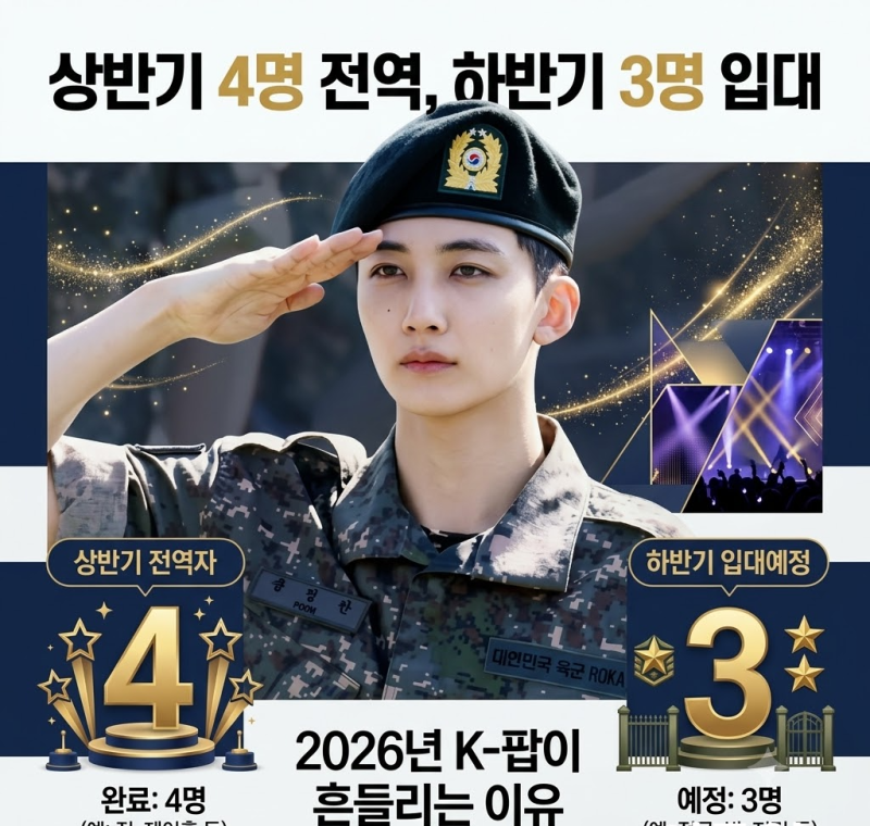 '상반기 4명 전역, 하반기 3명 입대'... 2026년 군대 이슈로 K-팝이 흔들린다