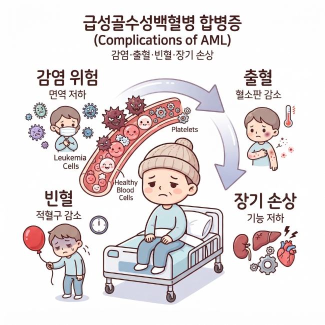 급성골수성백혈병 합병증 총정리｜감염·출혈·장기 손상 위험 구조