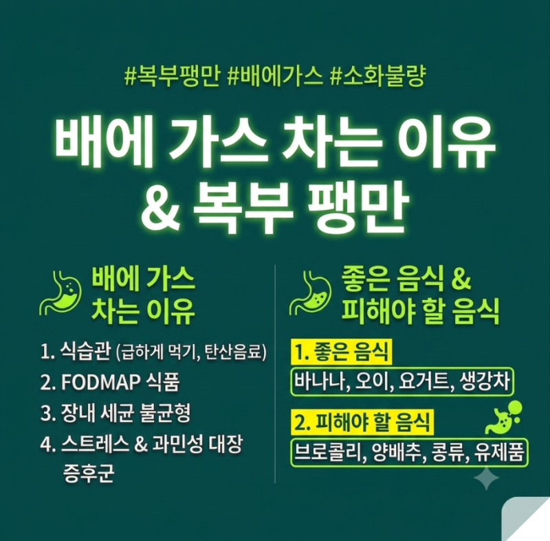 속이 더부룩하고 배에 가스 차는 이유: 복부팽만 완화 음식 & 피할 음식 완벽 비교
