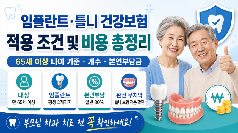 임플란트 틀니 건강보험 적용 조건 및 비용 총정리 (65세 이상 나이 기준, 개수, 본인부담금)