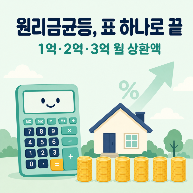 원리금균등상환 계산기 — 1억·2억·3억 월 상환액, 표로 바로 보기 (2026 금리인상 반영)