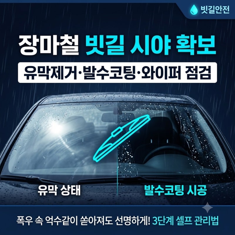 장마철 폭우 빗길 운전 시야 확보법! 유막 제거 셀프 방법부터 발수코팅, 와이퍼·워셔액 교....