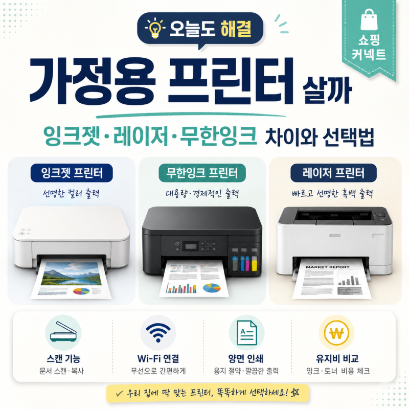 가정용 프린터 살까｜잉크젯·레이저·무한잉크 차이와 선택법