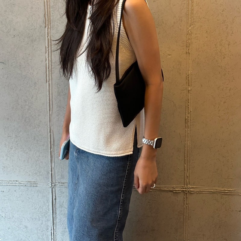 여름 데일리룩 추천! 화이트 니트 베스트 코디, 롱 데님 스커트 코디