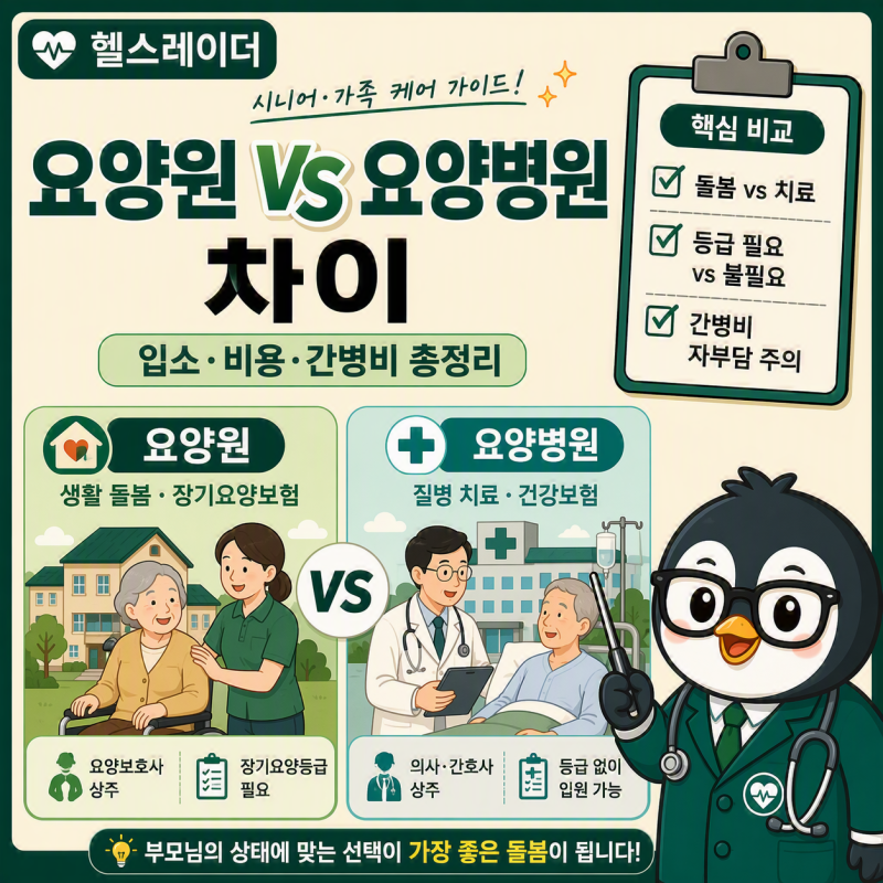 요양원 vs 요양병원 차이 총정리 (입소 자격·비용·간병비·선택 기준)