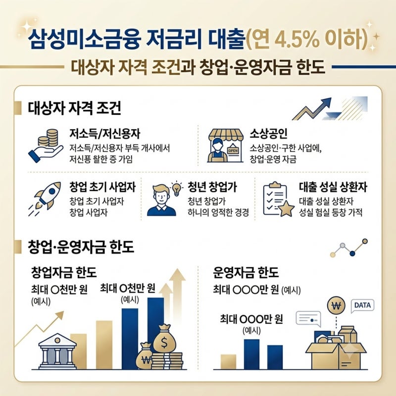 삼성미소금융 저금리 대출(연 4.5% 이하) 대상자 자격 조건과 창업·운영자금 한도