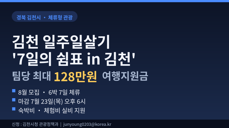 김천 일주일살기 '7일의 쉼표 in 김천' 8월 모집, 팀당 최대 128만 원 여행지원금 총정리