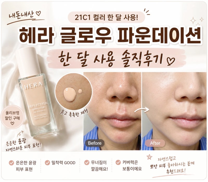 헤라 리플렉션 스킨 글로우 파운데이션 21C1 내돈내산 후기 올리브영 할인 가격, 한 달 사용 ....