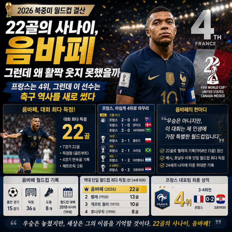 음바페, 2026 북중미 월드컵 결산22골의 사나이, 그런데 왜 활짝 웃지 못했을까 프랑스는 4위 ....