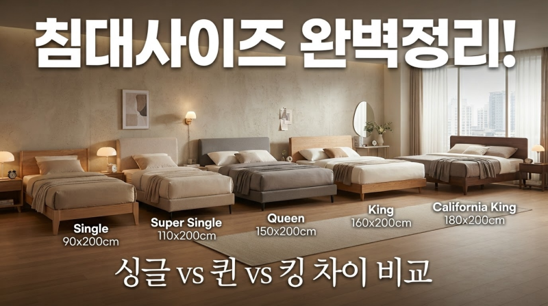 침대사이즈 완벽정리! 싱글·SS·더블·퀸·킹·라지킹 차이 한눈에