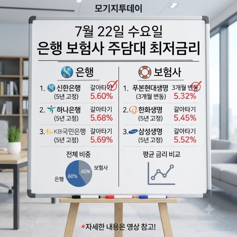하나은행 주택담보대출 갈아타기 금리 5.67% 등 7월 22일 은행 보험사 주담대 대환대출 최저 금....