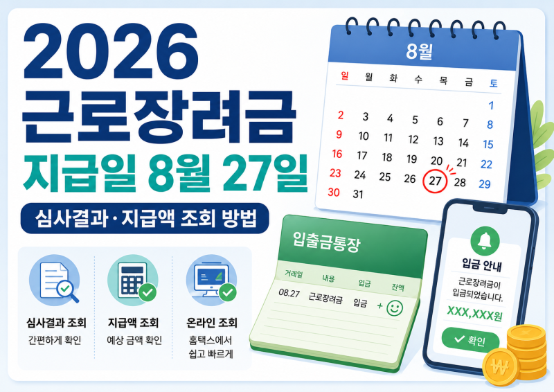 2026 근로장려금 지급일 8월 27일｜심사결과 조회·지급액 확인 방법