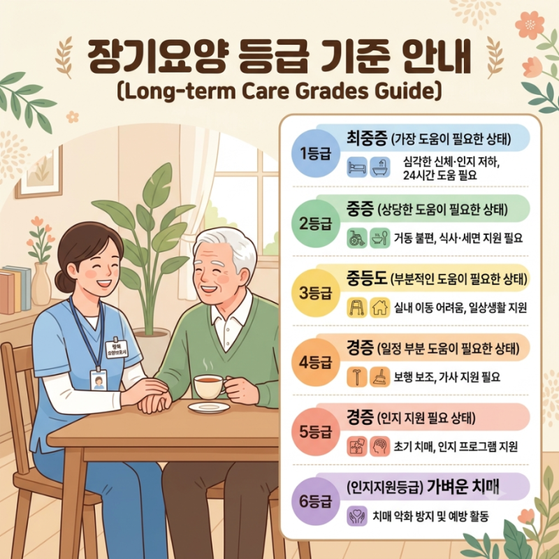 [방문요양일기]장기요양 등급 기준 /1등급부터 치매 6등급까지 한눈에 보기