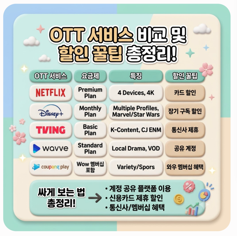 OTT 서비스 종류 및 요금제 비교와 싸게 보는법 할인 꿀팁 총정리