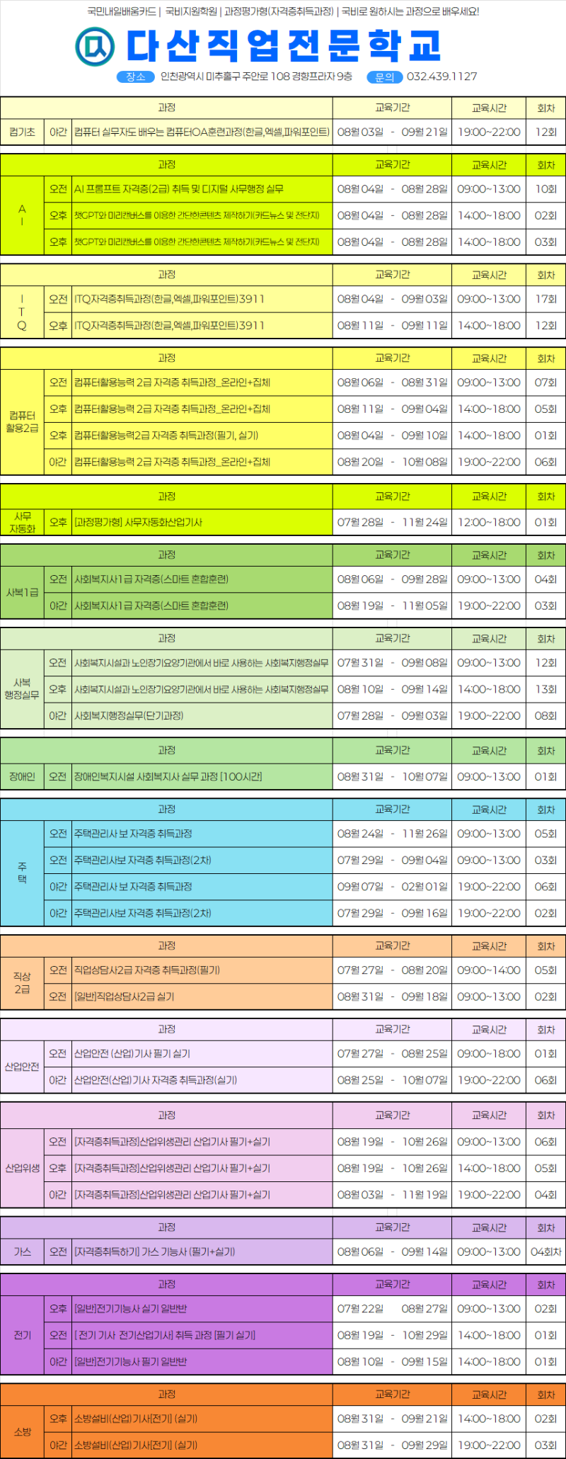 인천 국비지원 교육｜2026년 8월~9월 다산직업전문학교 개강 일정