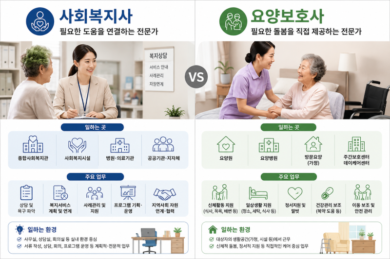 사회복지사와 요양보호사, 한눈에 비교하기
