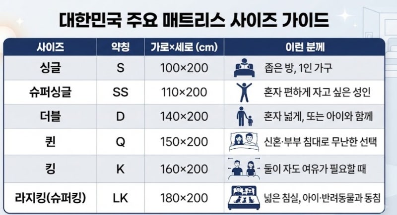 침대 사이즈 종류 총정리, 싱글부터 라지킹까지 규격 비교
