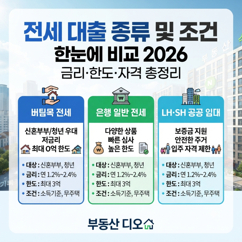 전세 대출 종류 및 조건 한눈에 비교 2026 (금리·한도·자격 총정리)
