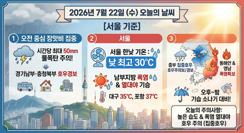 [오늘의 날씨] 경기·충청 호우경보 '시간당 50mm 집중호우'…남부지방은 최고 37도 폭염과 열....
