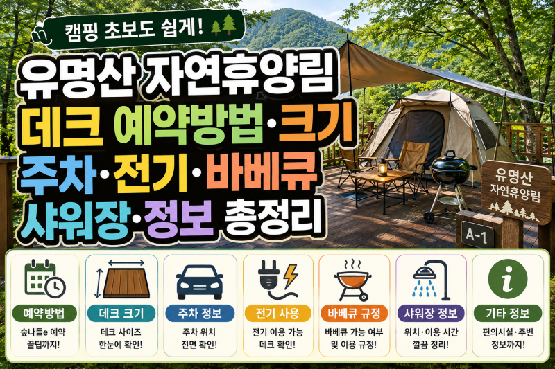 유명산 자연휴양림 데크 예약방법·크기·주차·전기·바베큐·샤워장·정보