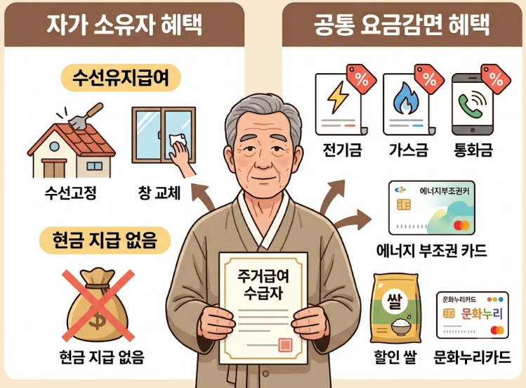 자가 소유 주거급여 수급자 혜택 총정리! 현금 수령 없어도 요금감면·정부양곡 받는 법
