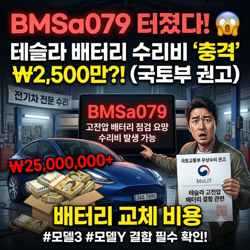 테슬라 수리비 절약방법: 배터리 오류 'BMS a079' 원인과 수리비, 국토부 무상수리 권고 총정리