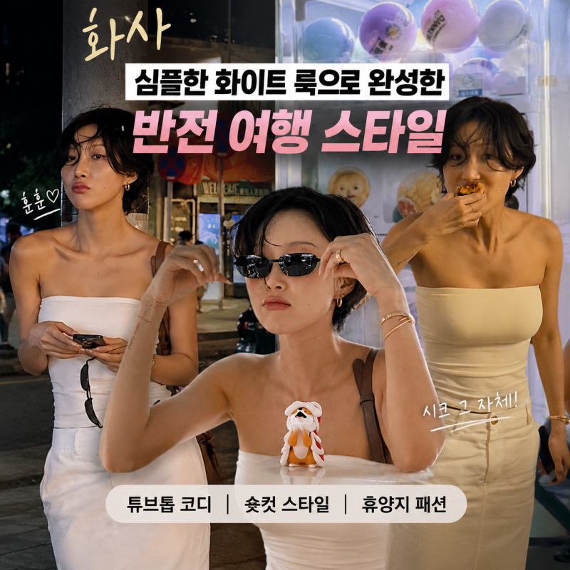 마마무 화사, 무대 위 카리스마 벗고 보여준 반전 여행룩! 화이트 튜브톱과 숏컷으로 완성한 ....
