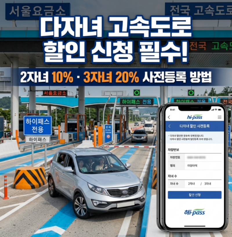 "2자녀도 10% 감면" 다자녀 고속도로 통행료 할인 사전 신청 방법 및 자녀수별 시행 일정