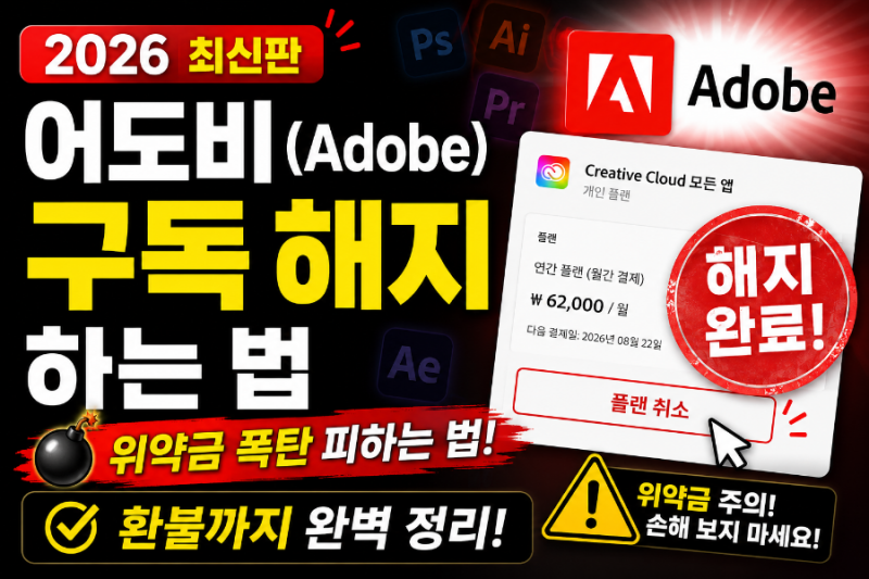 어도비(Adobe) 구독 해지하는 법 (2026) - 위약금 폭탄 피하는 법 + 환불까지 완벽 정리