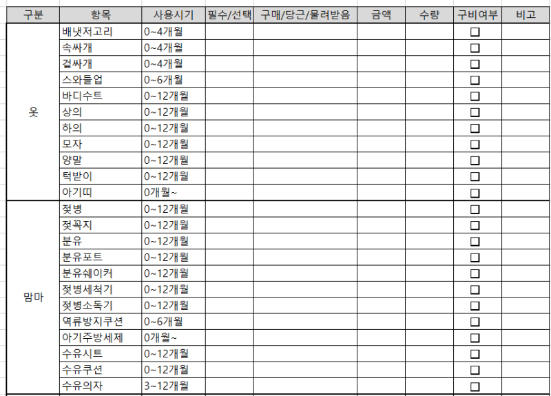 [BABY]육아용품 필수템 체크리스트 (+엑셀파일 첨부)