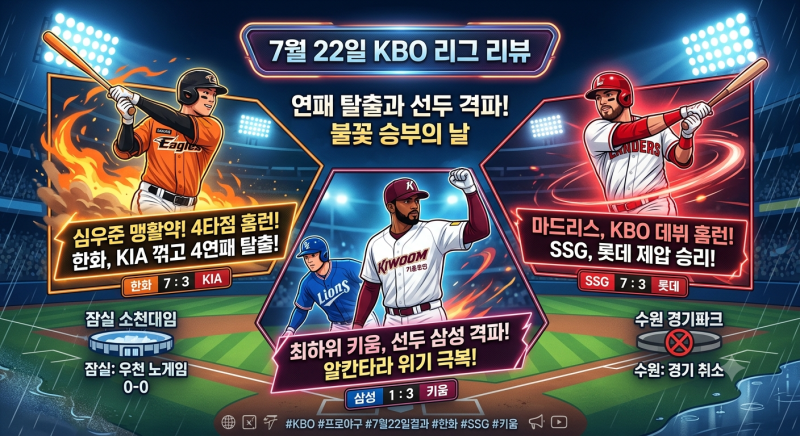 ⚾ [7월 22일 KBO 경기 리뷰] 우천 취소와 노게임 속 터진 알짜배기 승리들! 전 경기 결과 총정....